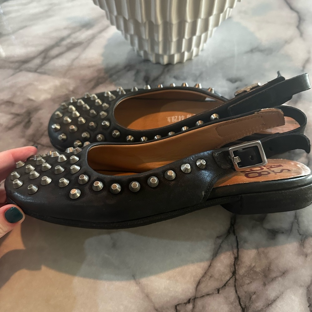 A.S.98 Black Leather Studded Slingback Flats new